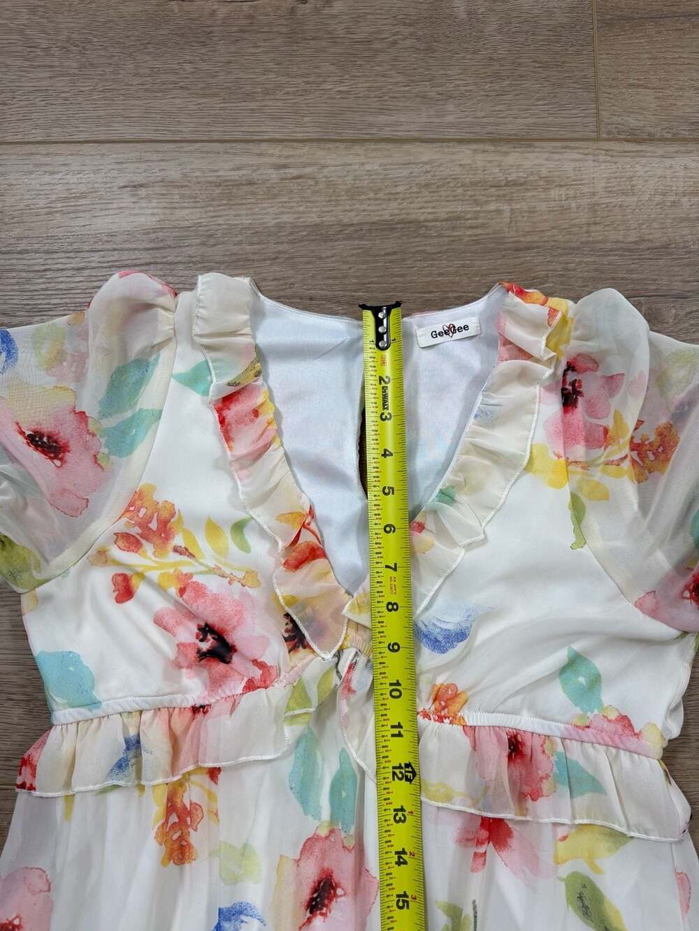 GeeGee Floral Tiered Chiffon Midi Dress Flutter Sleeve V-Neck Boho Women’s L - Picture 7 of 13